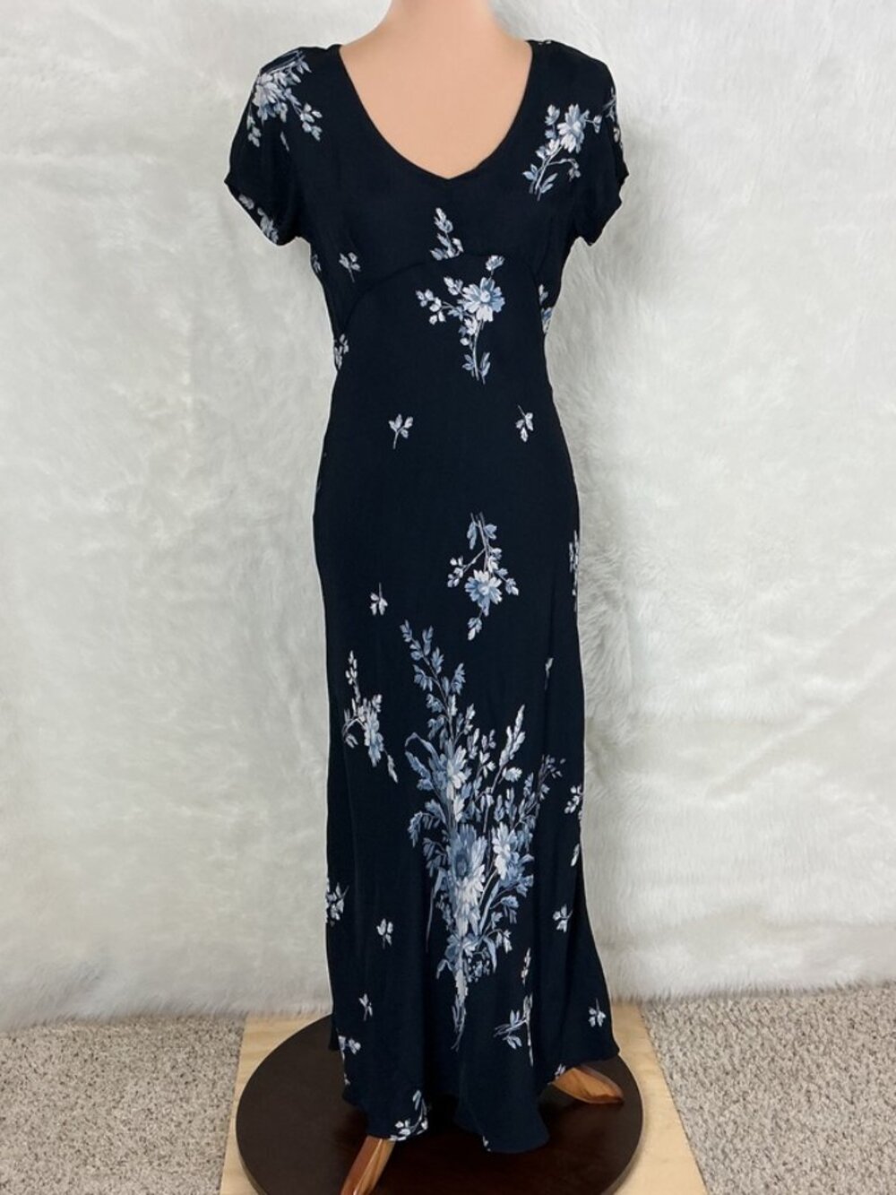 Vintage 90s 00s Black Blue Floral Empire Waist Retro Coquette Maxi Dress S